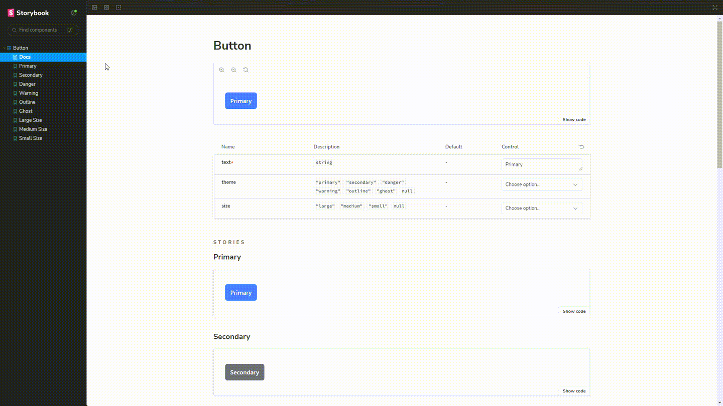 Screen recording of the Storybook Docs page for the Button component, showing the props table and a list of stories such as Primary, Secondary, Danger, and Warning