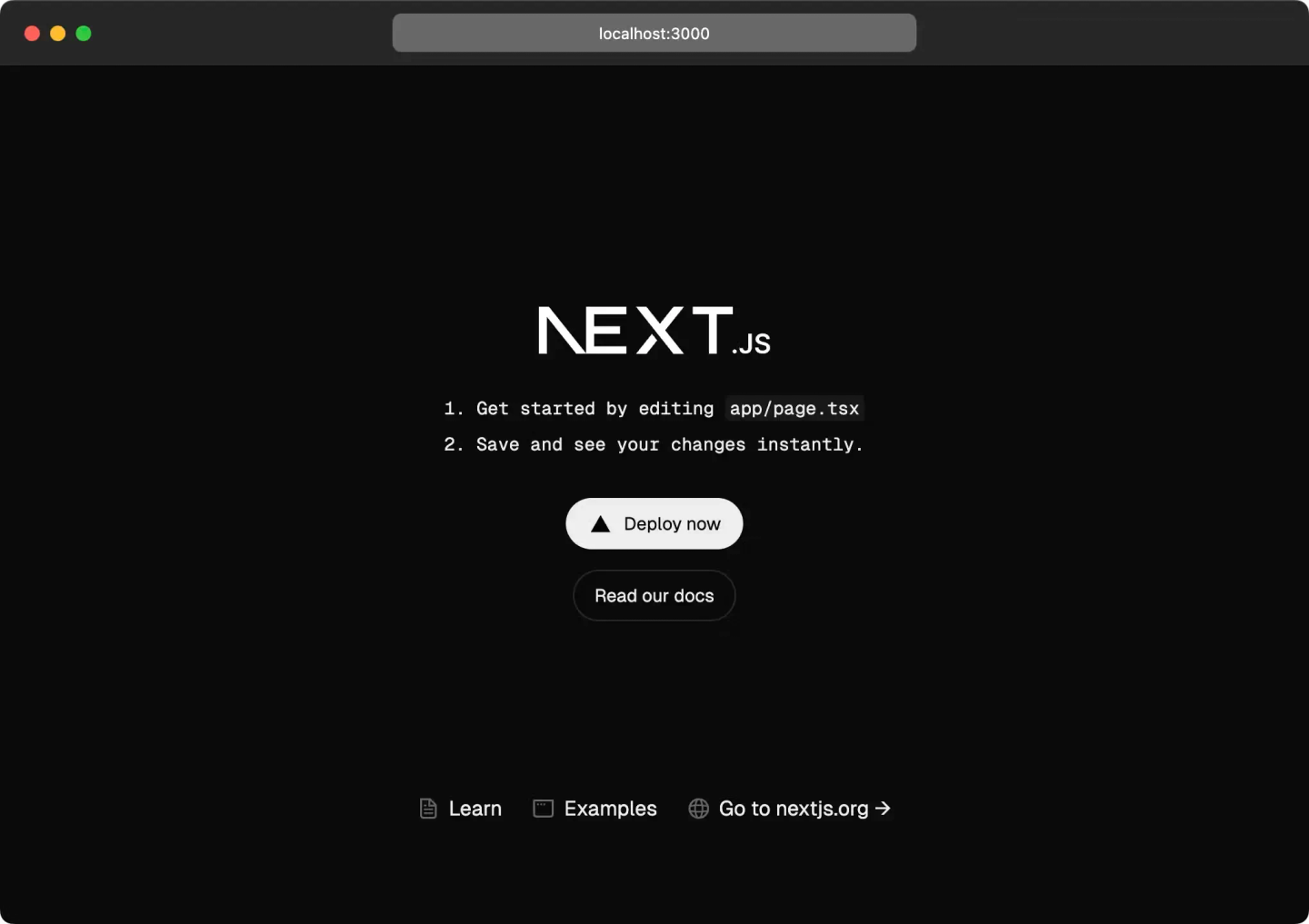 Redesigned Next.js starter page in a browser at localhost:3000, with the Next.js logo, setup instructions, and Deploy now and Read our docs buttons