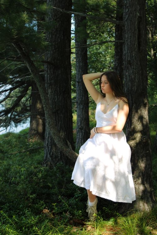 Girl sitting in tree in forest