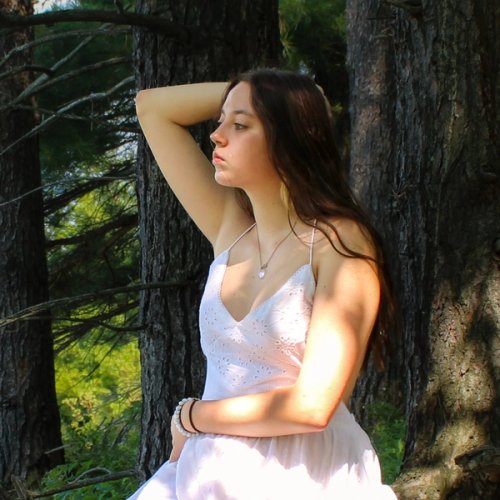Girl sitting in tree in forest