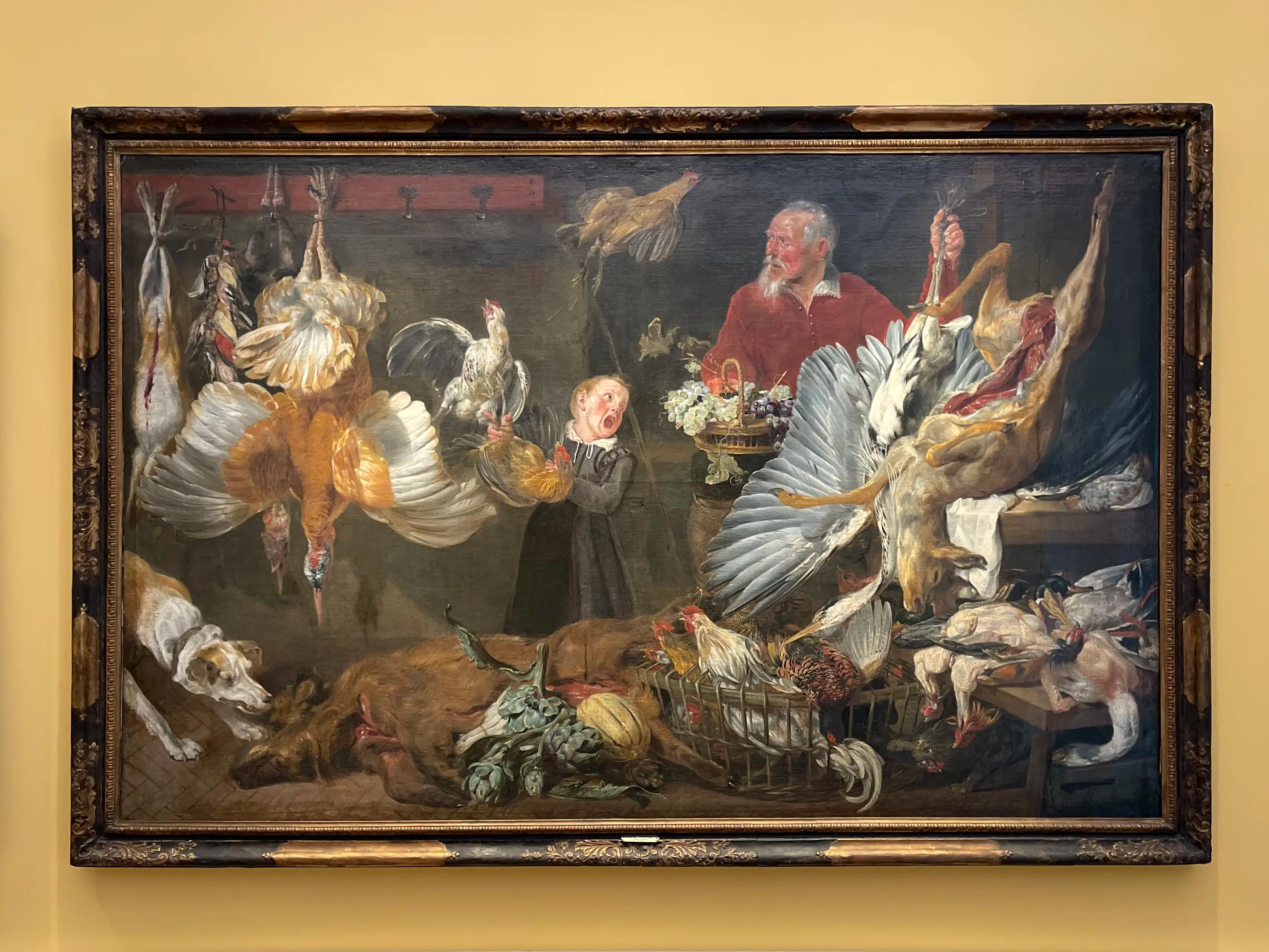 Maleri av en vilthandlerbod med hengende fugler og dyr, en mann bak disken og et barn i midten.