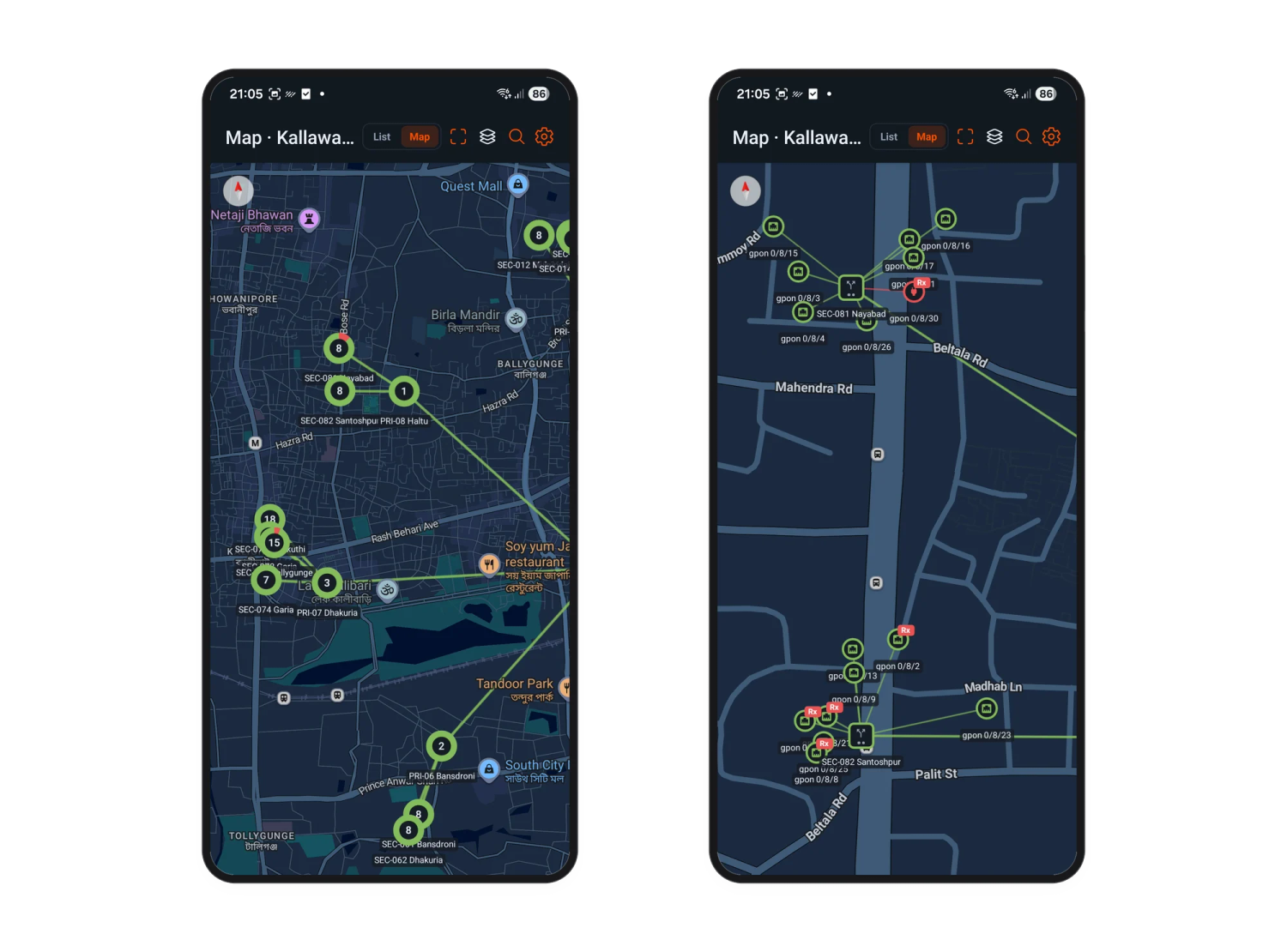 The NetSense ONU GPS Map in the field engineer mobile app, shown twice side by side: zoomed out with splitter clusters and subscriber counts, and zoomed to street level with individual ONUs and red Rx power warnings