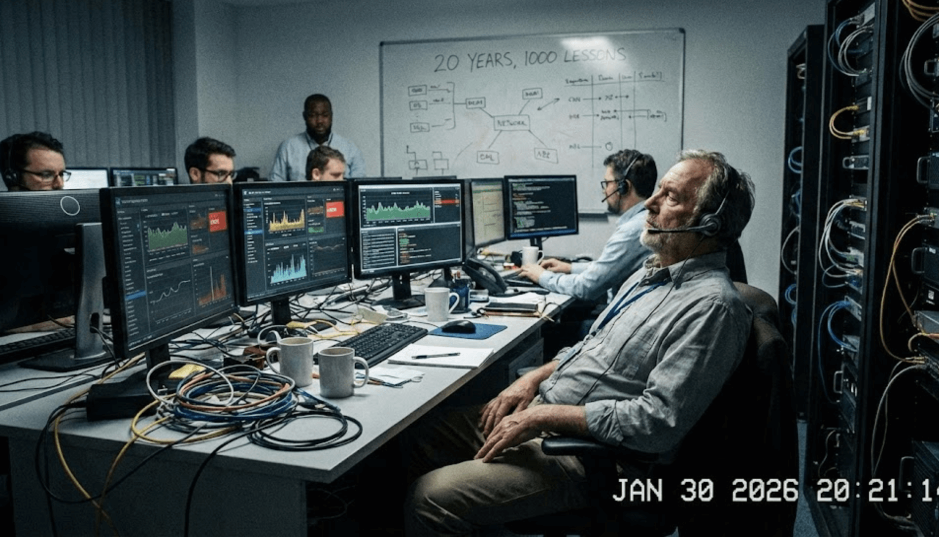 Network operations engineer monitoring ISP infrastructure on multiple screens, representing 20 years of real-world ISP network operations and lessons learned.