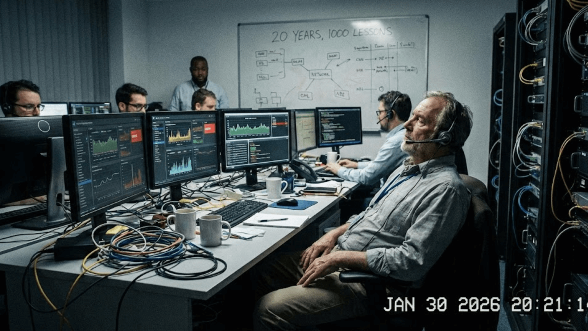 Network operations engineer monitoring ISP infrastructure on multiple screens, representing 20 years of real-world ISP network operations and lessons learned.