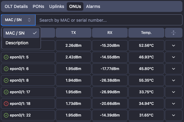Search by ONU description on mobile