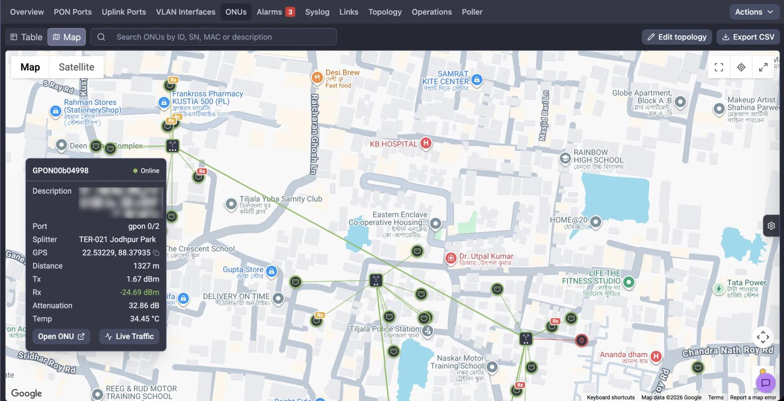 The NetSense ONU GPS Map showing subscriber ONUs on a street map with red Rx power warnings clustered around a single splitter, beside the headline "Twelve ONUs just went down. One splitter, or twelve problems?