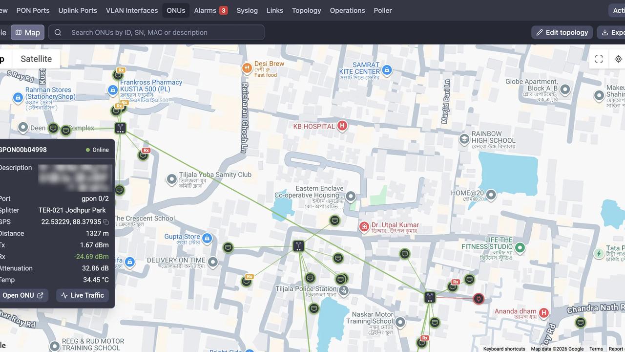 The NetSense ONU GPS Map showing subscriber ONUs on a street map with red Rx power warnings clustered around a single splitter, beside the headline "Twelve ONUs just went down. One splitter, or twelve problems?
