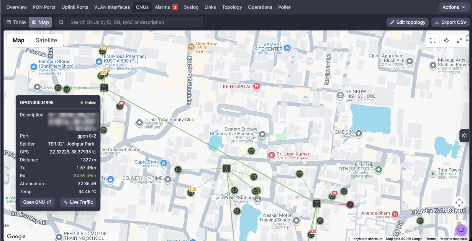 The NetSense ONU GPS Map showing subscriber ONUs on a street map with red Rx power warnings clustered around a single splitter, beside the headline "Twelve ONUs just went down. One splitter, or twelve problems?