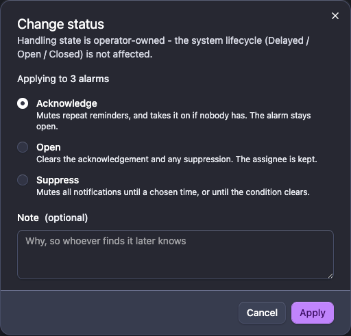 Change status on a group of alarms: acknowledge, reopen or suppress