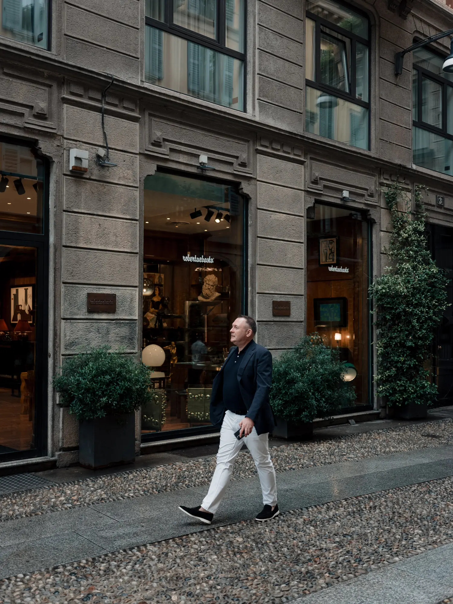 Murray Crane styling white trousers