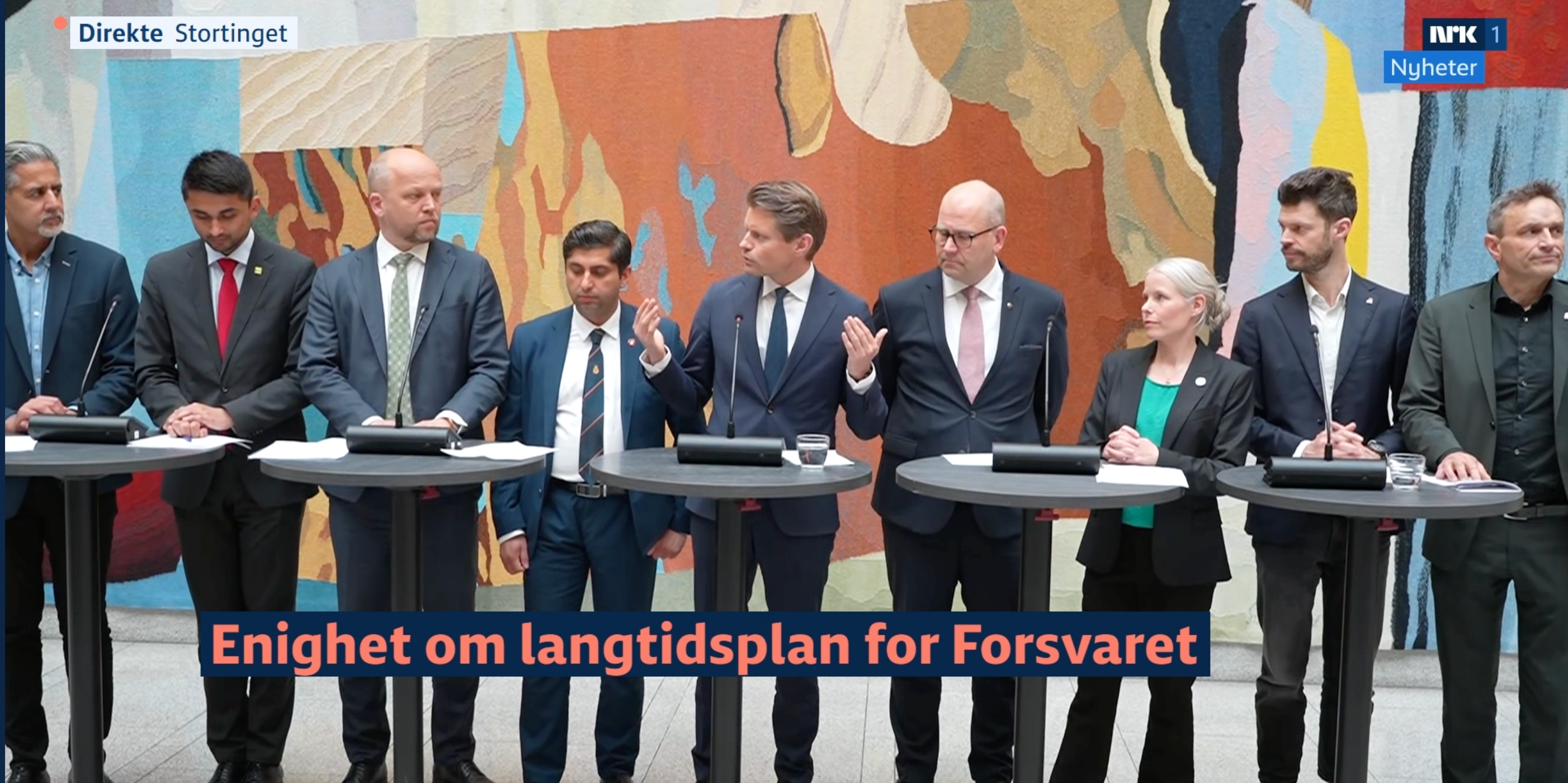 Alle de ni partiene på Stortinget er nå enige om en oppdatert langtidsplan for Forsvaret. Skjermdump NRK TV