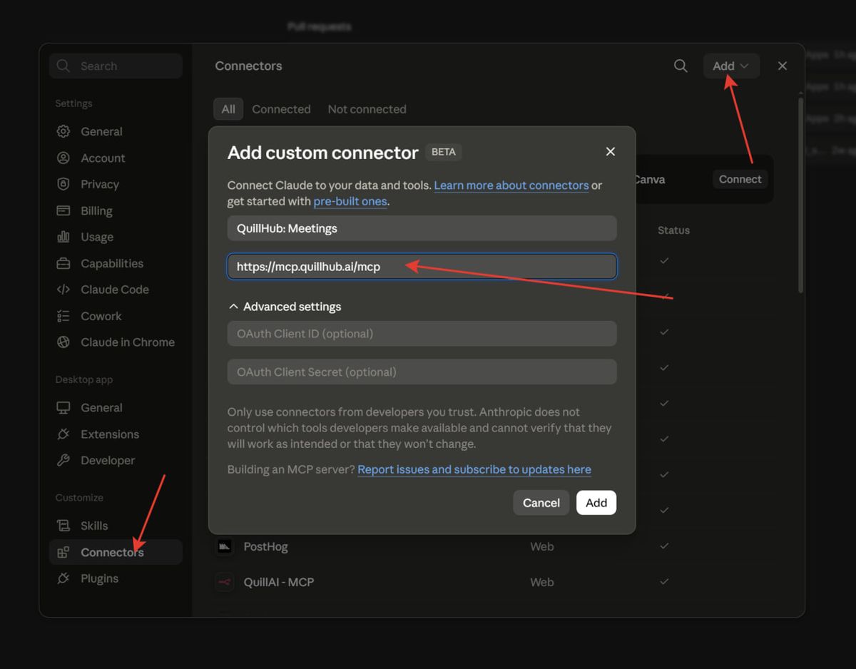 The Add custom connector dialog in claude.ai with the QuillAI MCP server URL