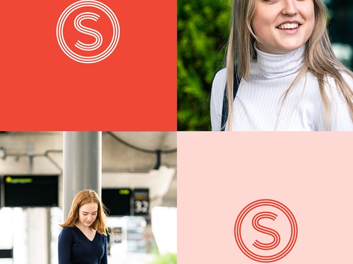 SiO-logo i ulike farger og bilder av studenter