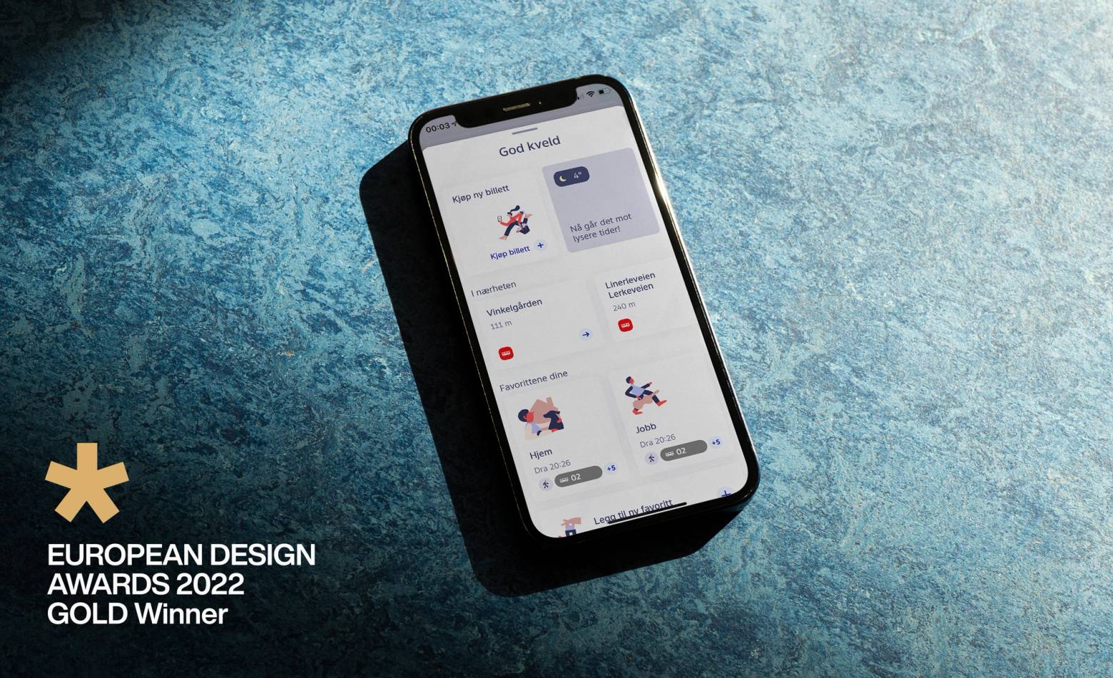 Den nye Ruter-appen vises på mobil, med tekst som sier den vant gull under European Design Awards