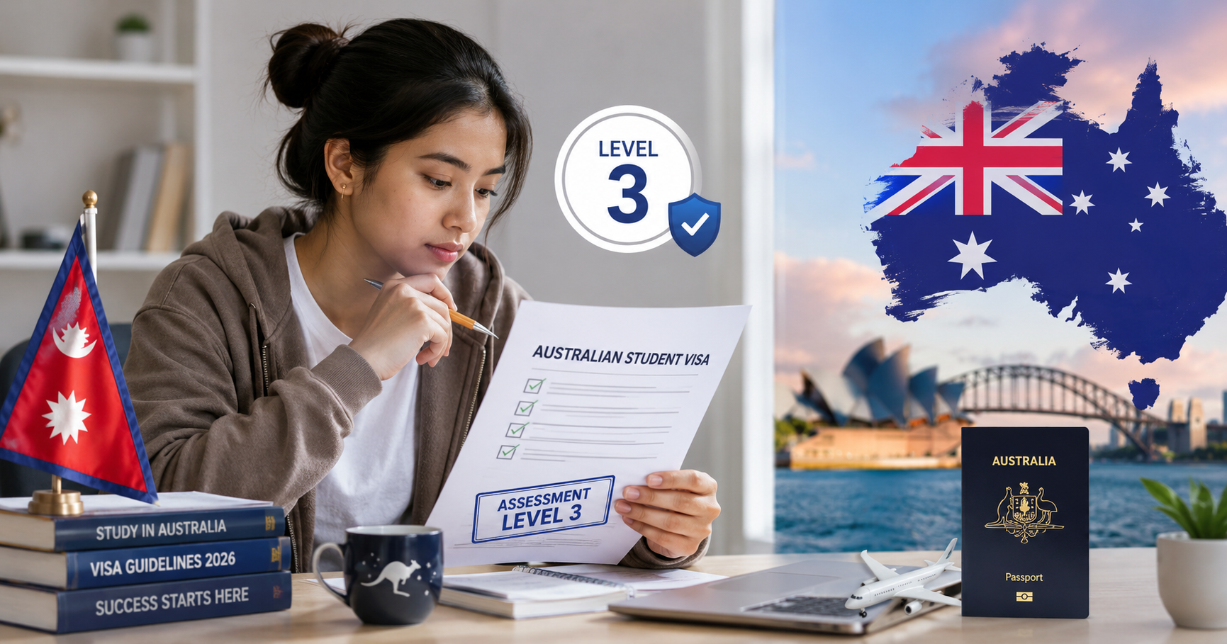 Nepalese student reviewing Australian student visa documents under Assessment Level 3 requirements in 2026