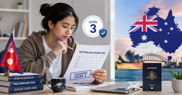 Nepalese student reviewing Australian student visa documents under Assessment Level 3 requirements in 2026