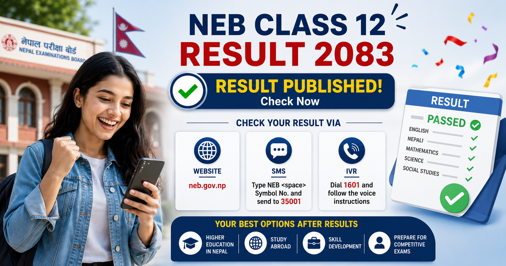 Nepali student checking NEB Class 12 result 2083 marksheet online for 2026