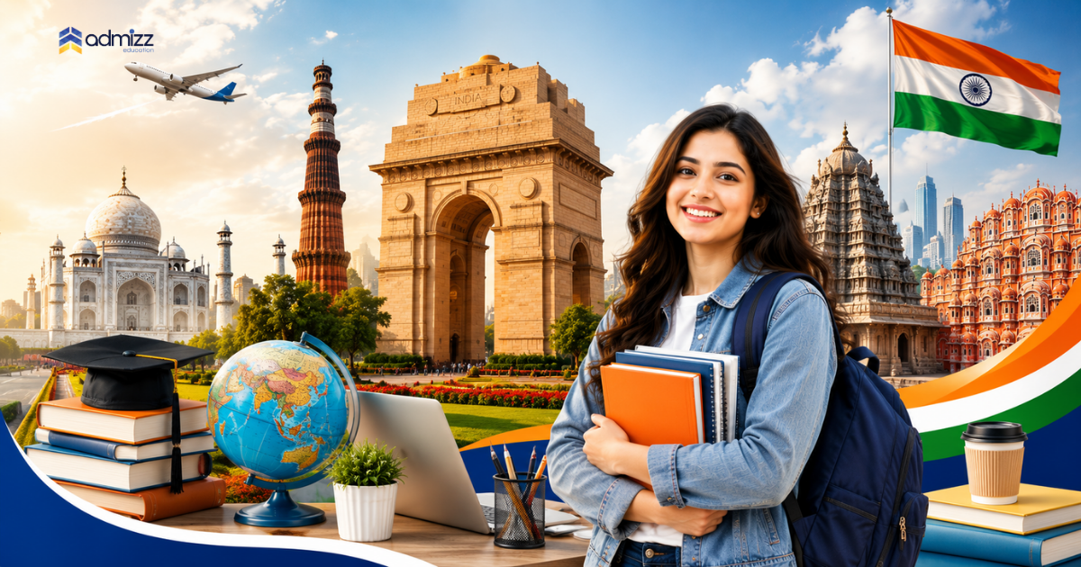 International students on an Indian university campus with IIT and AIIMS buildings in the background