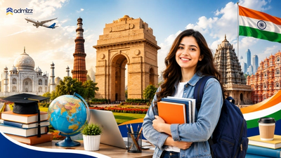 International students on an Indian university campus with IIT and AIIMS buildings in the background