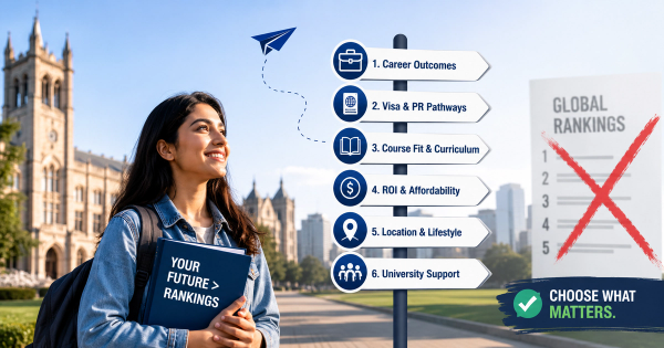 International student comparing university ranking tables against graduate employment data and visa options for 2026 study abroad decision
