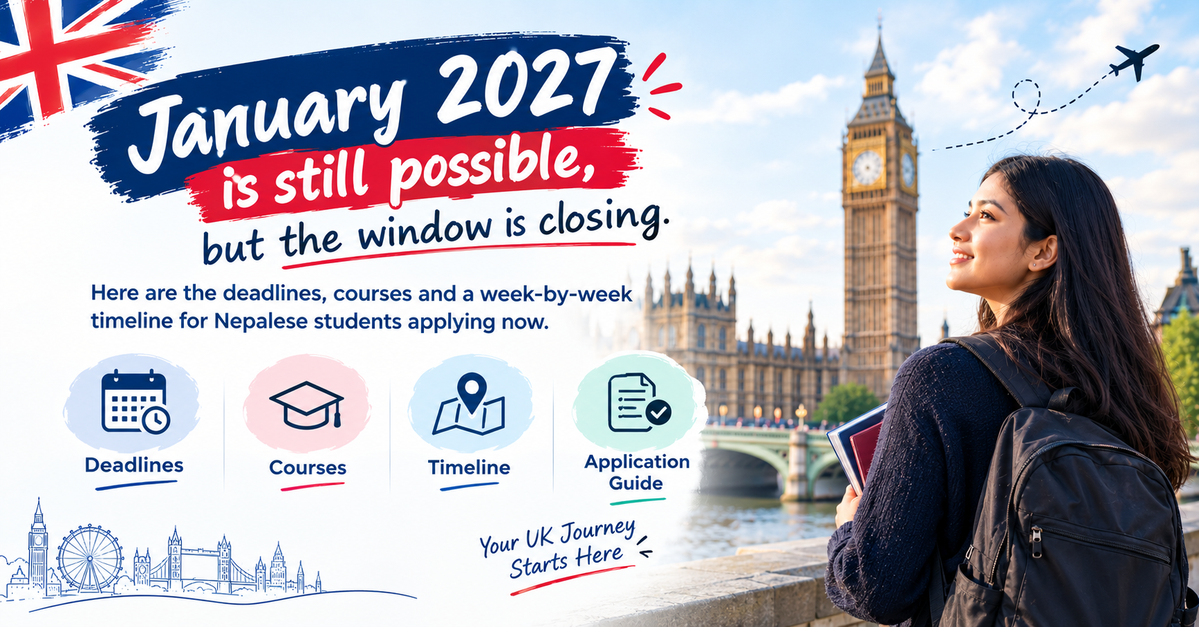 Nepali student planning a January 2027 UK university intake with a calendar and application documents