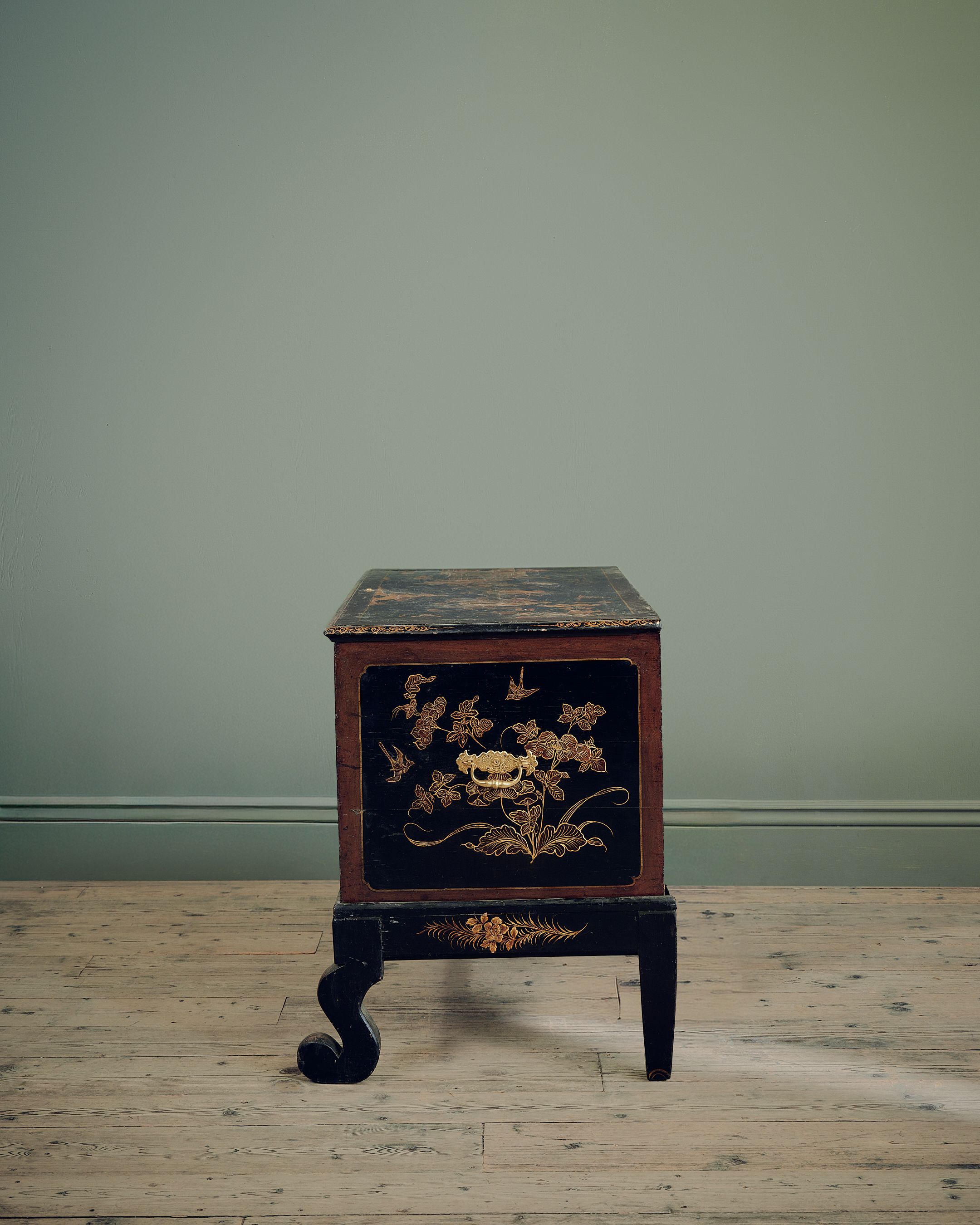 A Mid 18th Century Chinese Export Black and Gilt Lacquer Coffer on