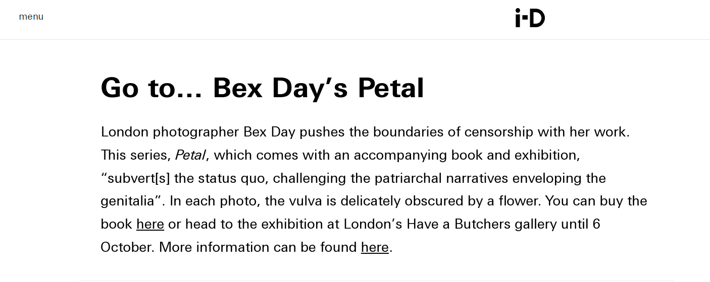 i-D, Bex Day, photographer, london, exhibition, petal