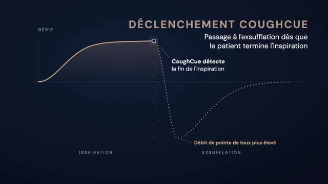 Cycle thérapeutique avec CoughCue : le débit inspiratoire monte en S et se stabilise en plateau. À la fin du plateau, CoughCue détecte la fin de l'inspiration et bascule. La courbe chute brusquement sous la ligne zéro jusqu'à un pic profond et étroit – un débit de pointe de toux plus élevé – puis revient lentement à zéro.