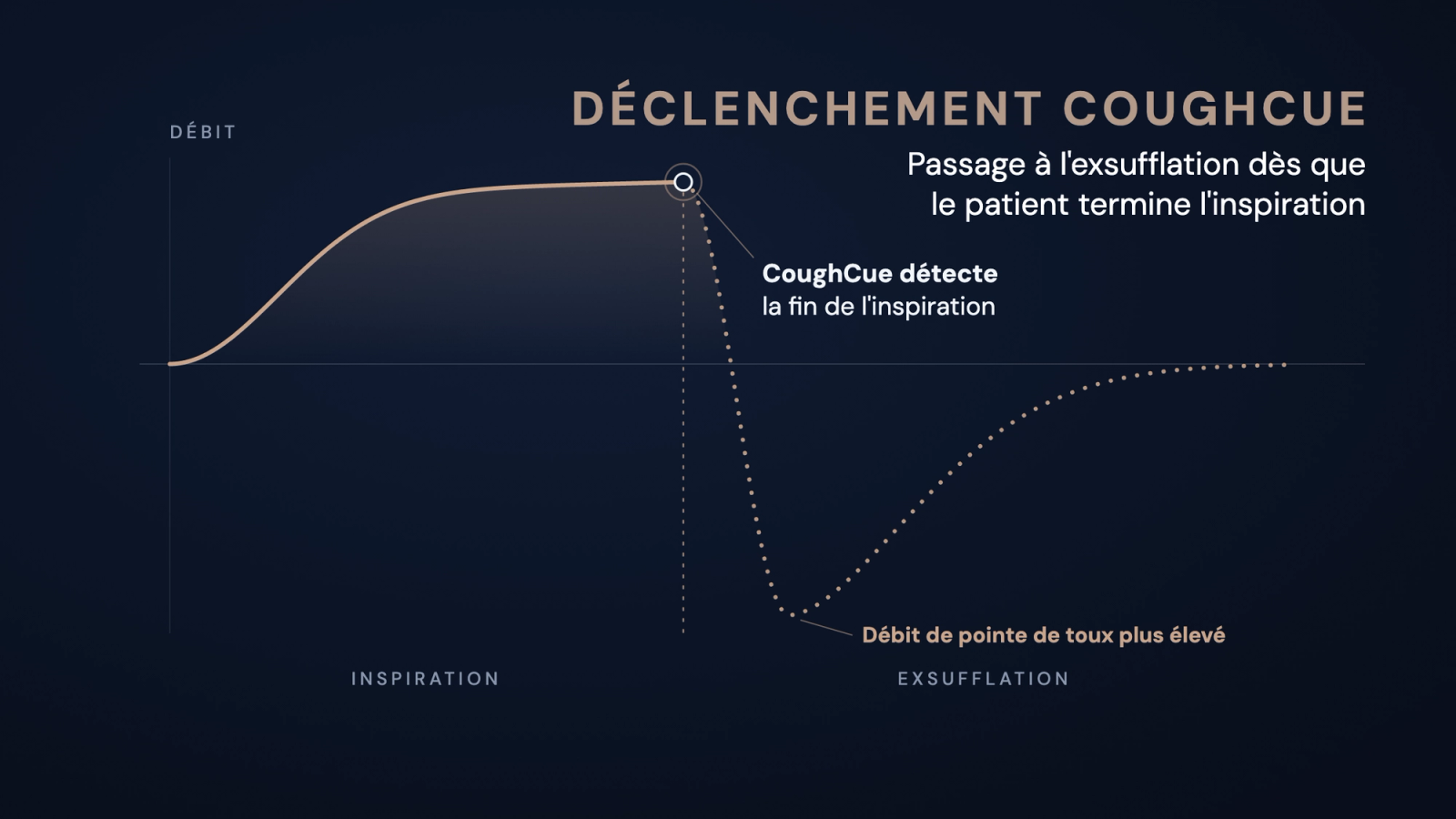 Cycle thérapeutique avec CoughCue : le débit inspiratoire monte en S et se stabilise en plateau. À la fin du plateau, CoughCue détecte la fin de l'inspiration et bascule. La courbe chute brusquement sous la ligne zéro jusqu'à un pic profond et étroit – un débit de pointe de toux plus élevé – puis revient lentement à zéro.