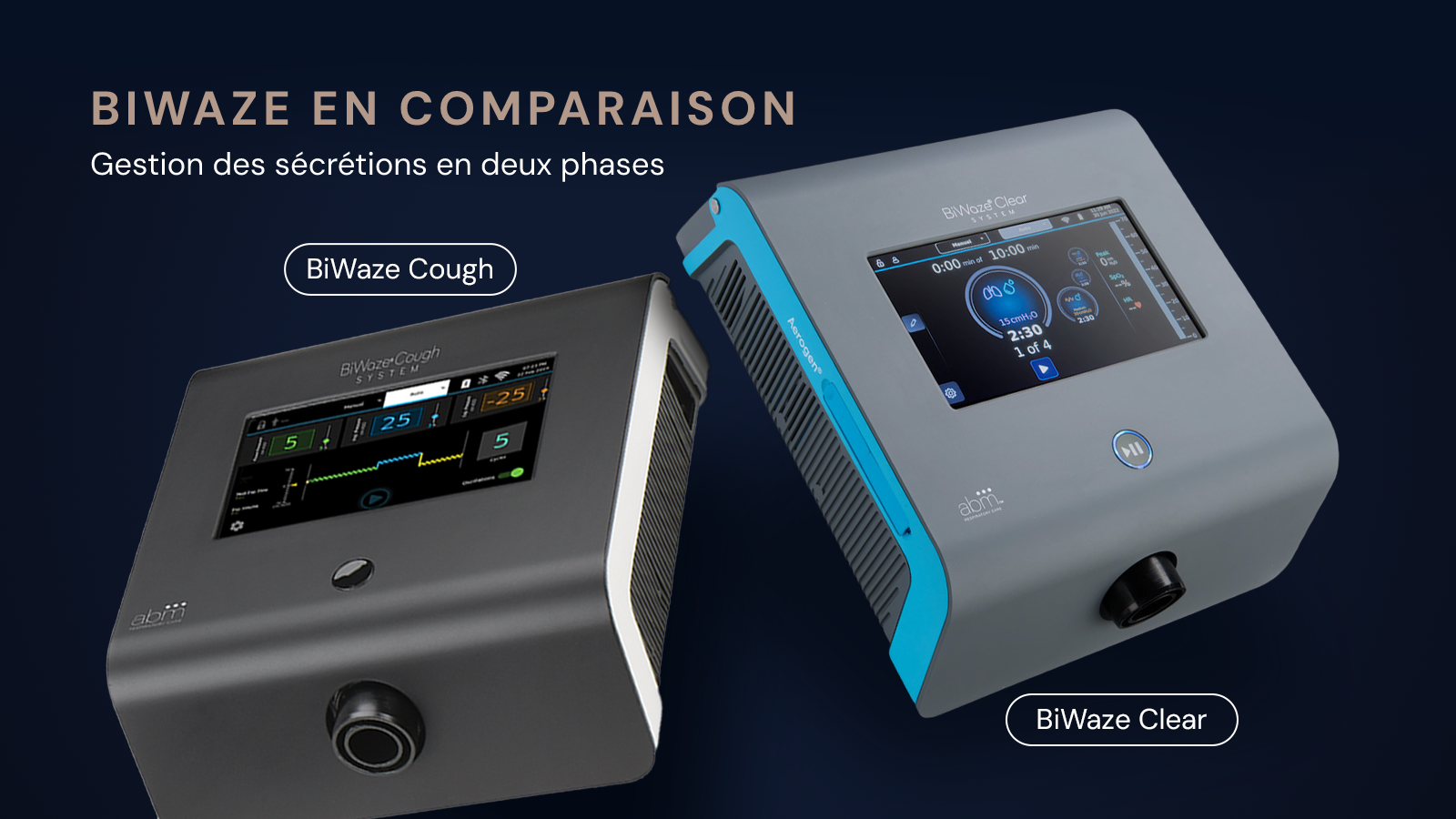 BiWaze Cough et BiWaze Clear côte à côte sur fond sombre