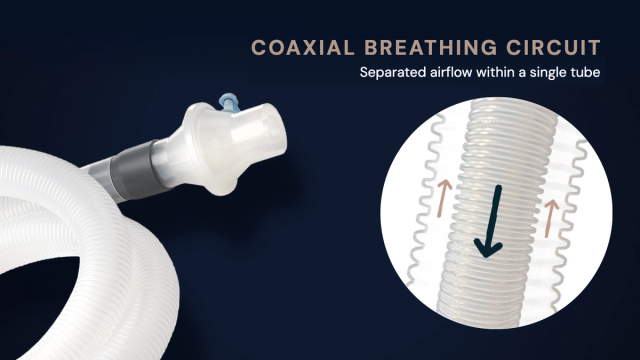 Coaxial breathing circuit for BiWaze Cough and BiWaze Clear: white corrugated tube with patient connector. The magnified view shows the tube-in-tube design – air flows one way through the inner tube and the opposite way through the ring-shaped space around it.