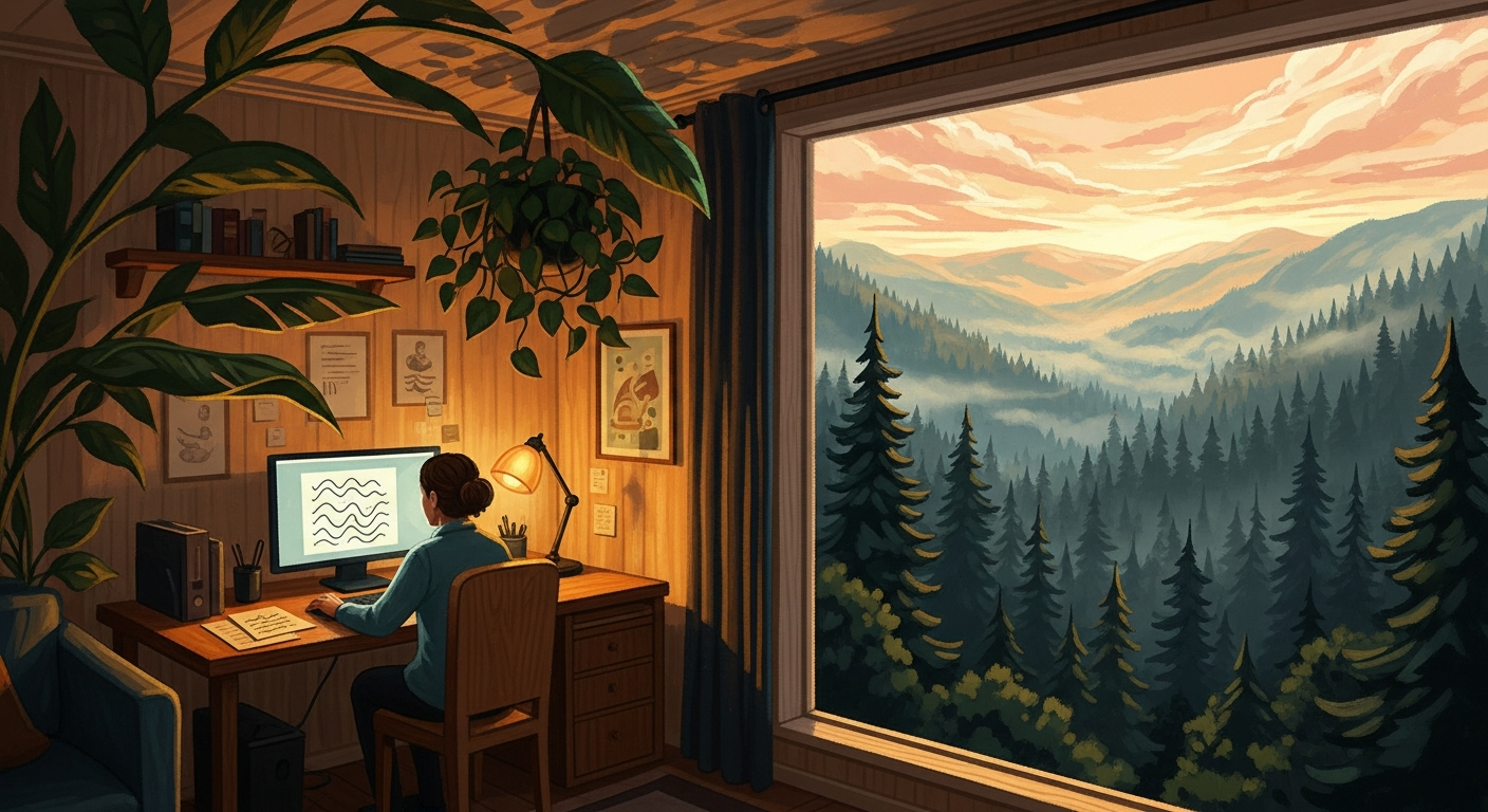 Editorial illustration of a person at a small wooden desk in a warmly lit home office at golden hour, with a panoramic forest landscape visible through a large window, evoking a calm and prepared mindset before a video interview.