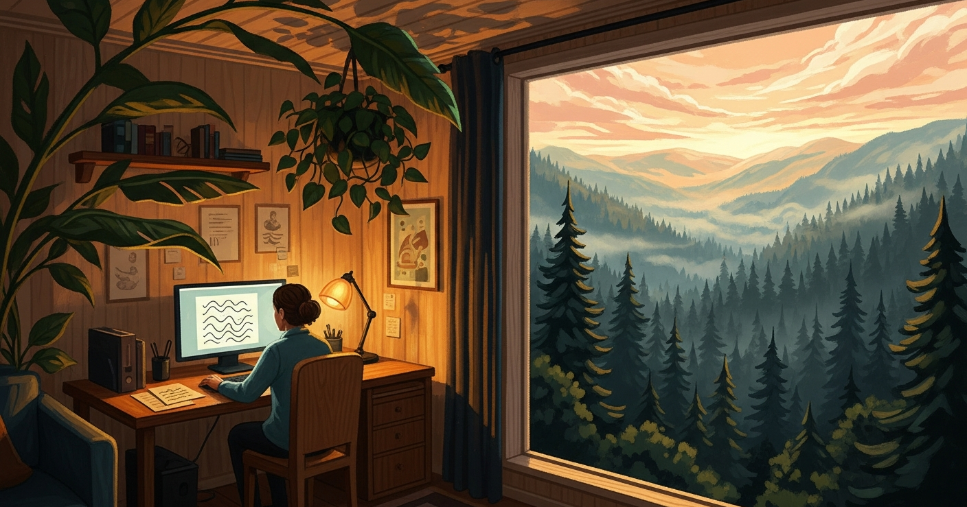 Editorial illustration of a person at a small wooden desk in a warmly lit home office at golden hour, with a panoramic forest landscape visible through a large window, evoking a calm and prepared mindset before a video interview.
