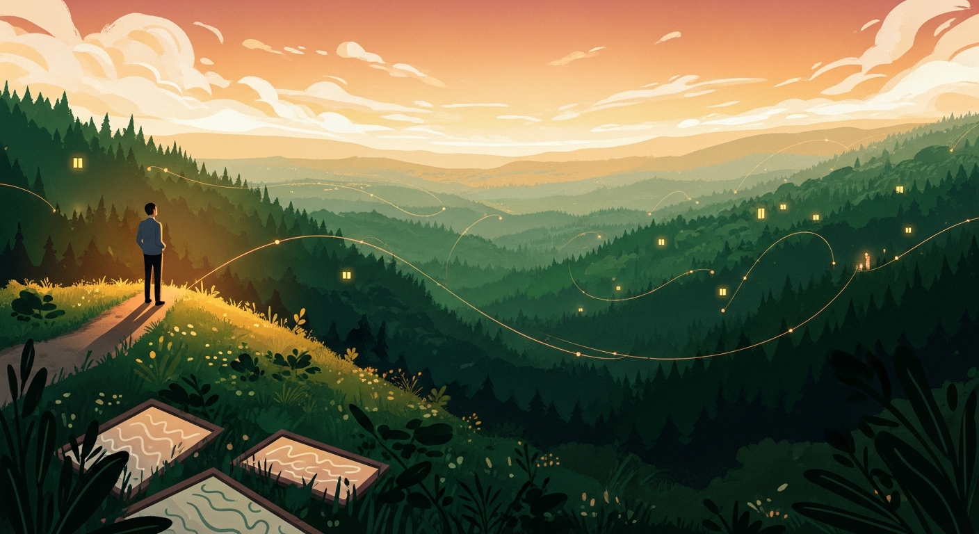 A lone professional stands on a hilltop at golden hour, looking over a green valley where glowing threads of light connect them to distant people, symbolizing a findable personal brand.