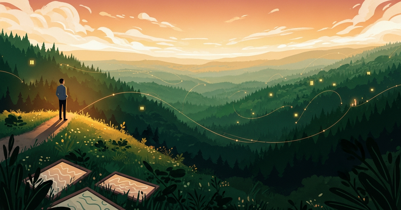A lone professional stands on a hilltop at golden hour, looking over a green valley where glowing threads of light connect them to distant people, symbolizing a findable personal brand.