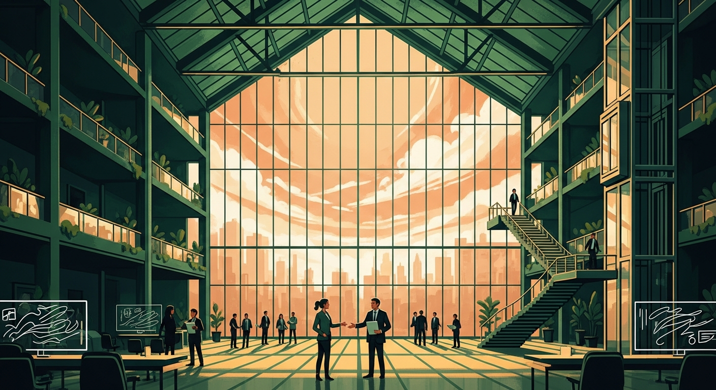 Professionals introducing themselves and shaking hands at a busy networking event in a sunlit glass atrium at golden hour