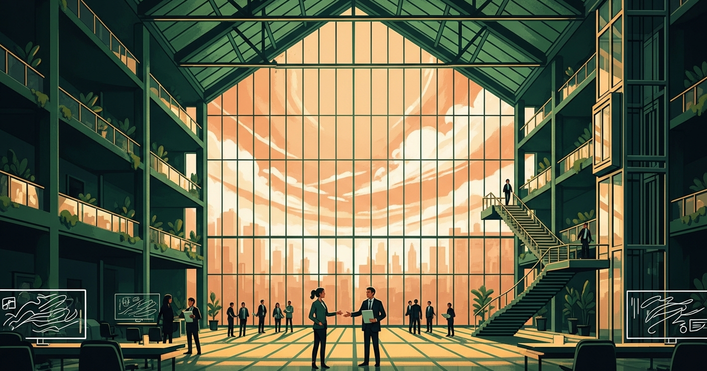 Professionals introducing themselves and shaking hands at a busy networking event in a sunlit glass atrium at golden hour