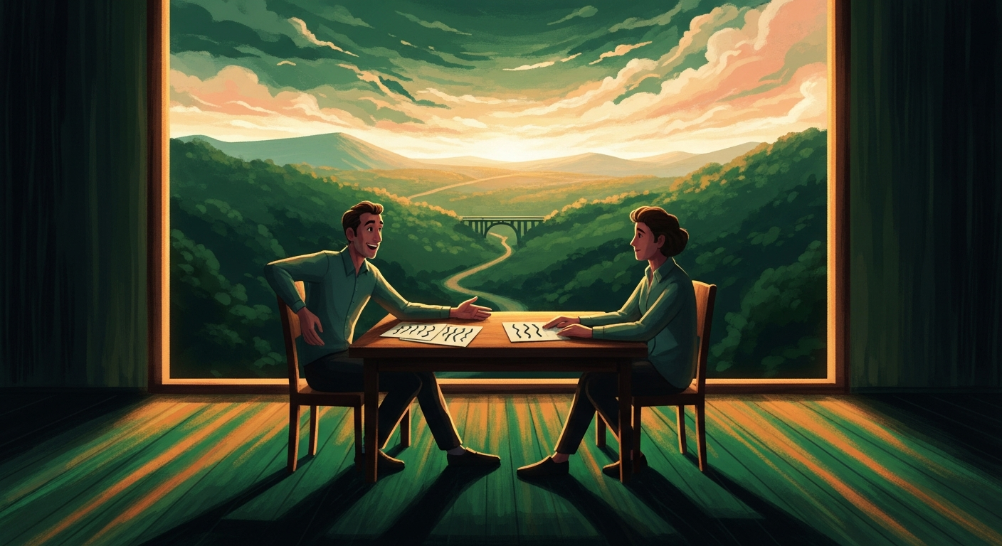 Two people at a job interview across a table by a window overlooking a golden landscape