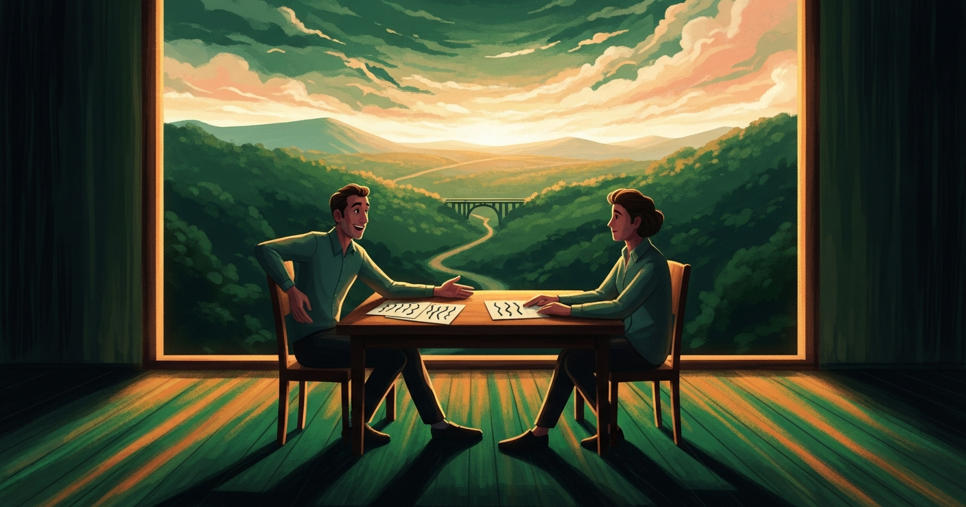 Two people at a job interview across a table by a window overlooking a golden landscape