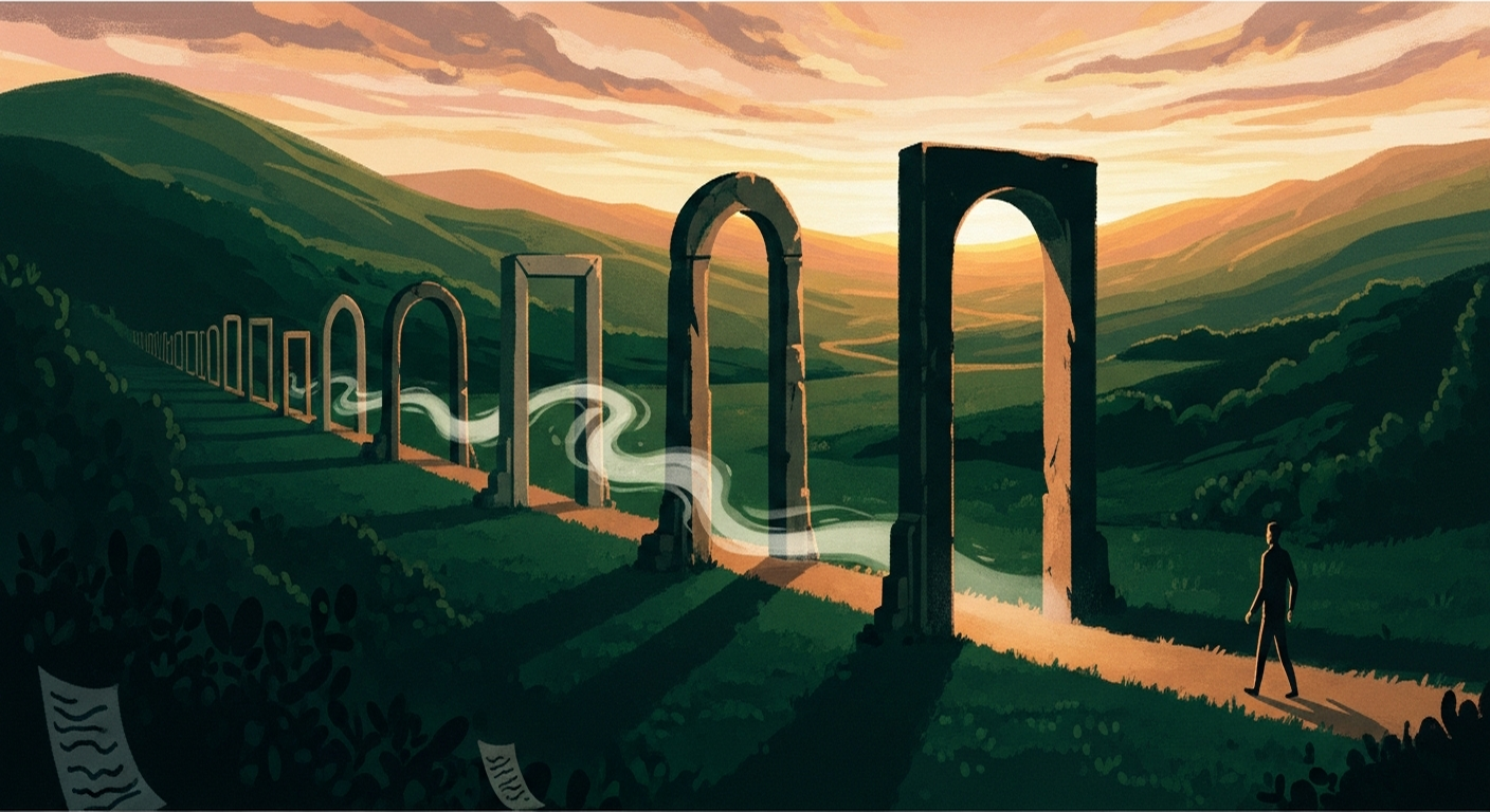 A painterly editorial illustration of a lone traveler walking toward a series of stone archways arranged across an emerald valley at golden hour, some open with golden light, some closed, symbolizing the screening gates that knockout questions create on a job application.