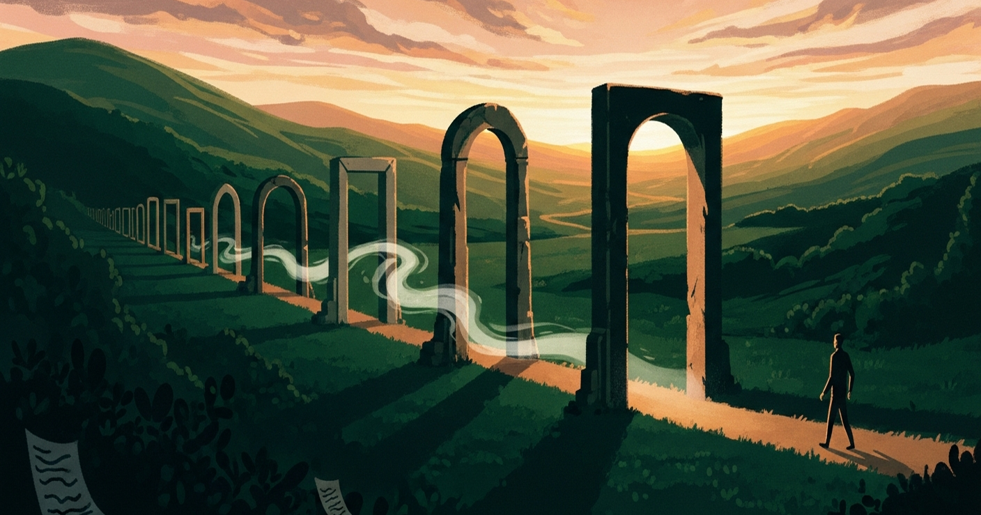A painterly editorial illustration of a lone traveler walking toward a series of stone archways arranged across an emerald valley at golden hour, some open with golden light, some closed, symbolizing the screening gates that knockout questions create on a job application.