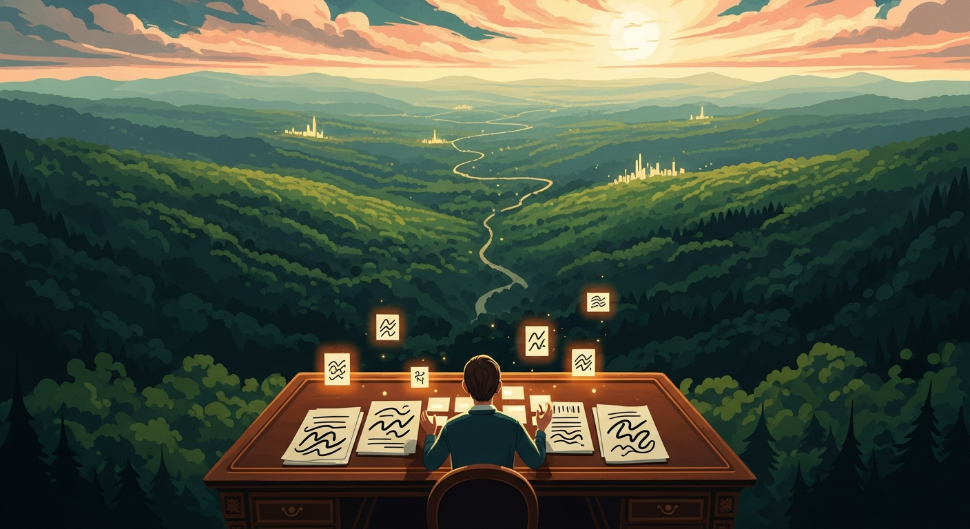 A person standing at a desk on a hilltop at golden hour, carefully arranging glowing tiles representing skills, with career paths leading to opportunities in the valley below