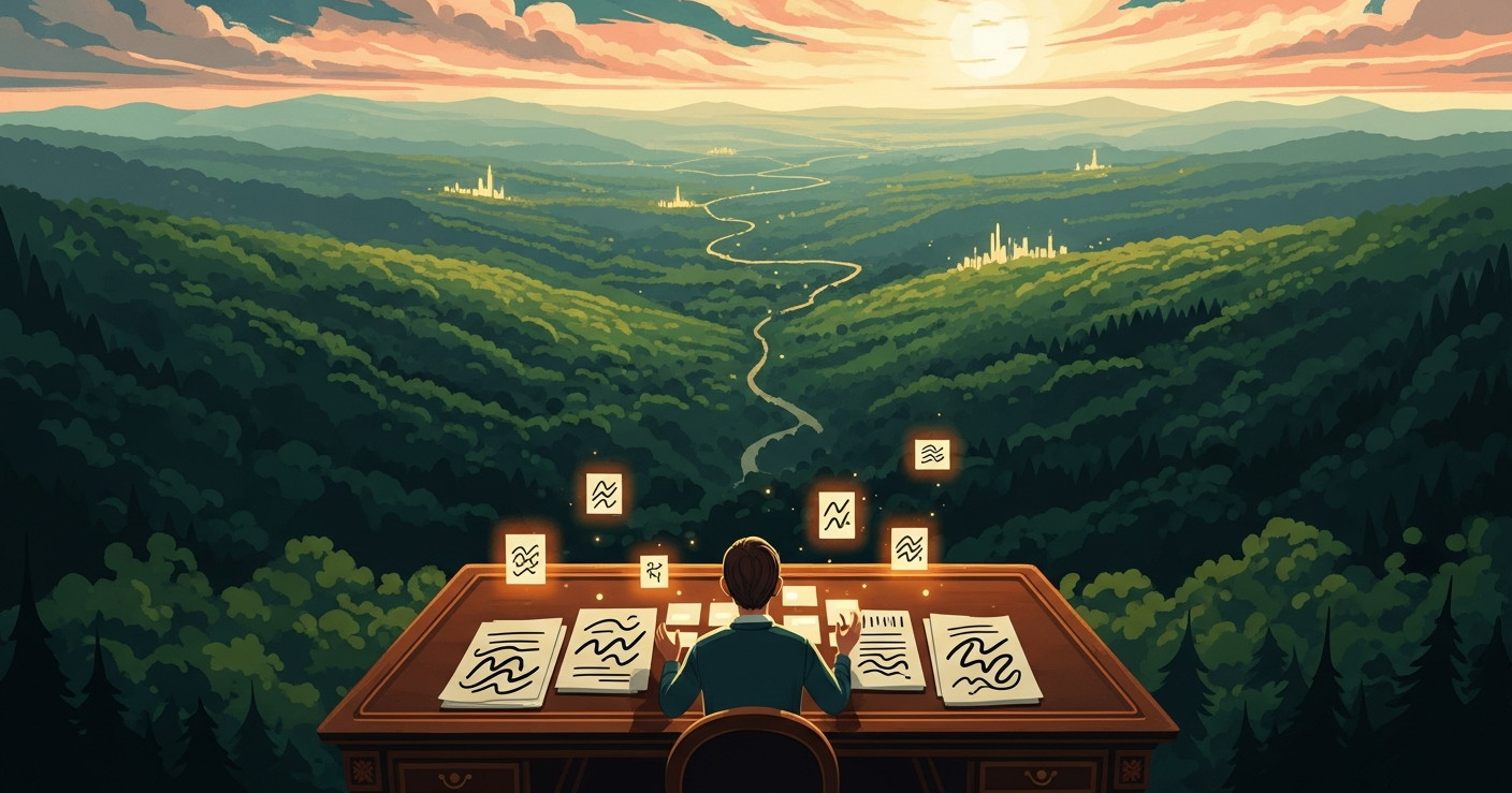 A person standing at a desk on a hilltop at golden hour, carefully arranging glowing tiles representing skills, with career paths leading to opportunities in the valley below