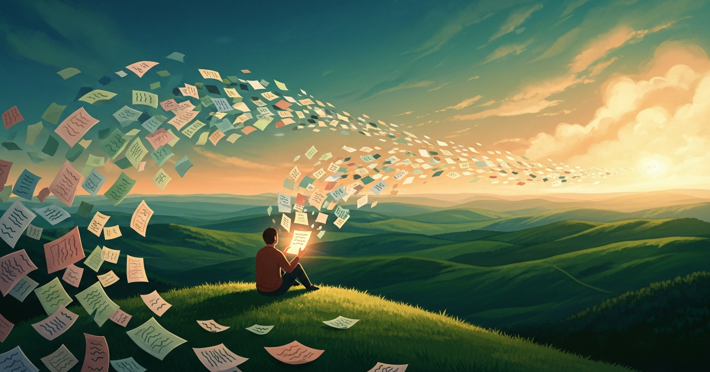 Person sitting on a green hilltop surrounded by swirling papers and notes, finding calm and focus amidst the chaos of job searching with ADHD