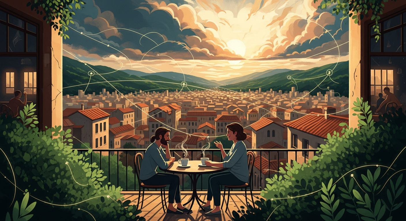 Two professionals having a relaxed informational interview over coffee on a terrace overlooking a city at golden hour