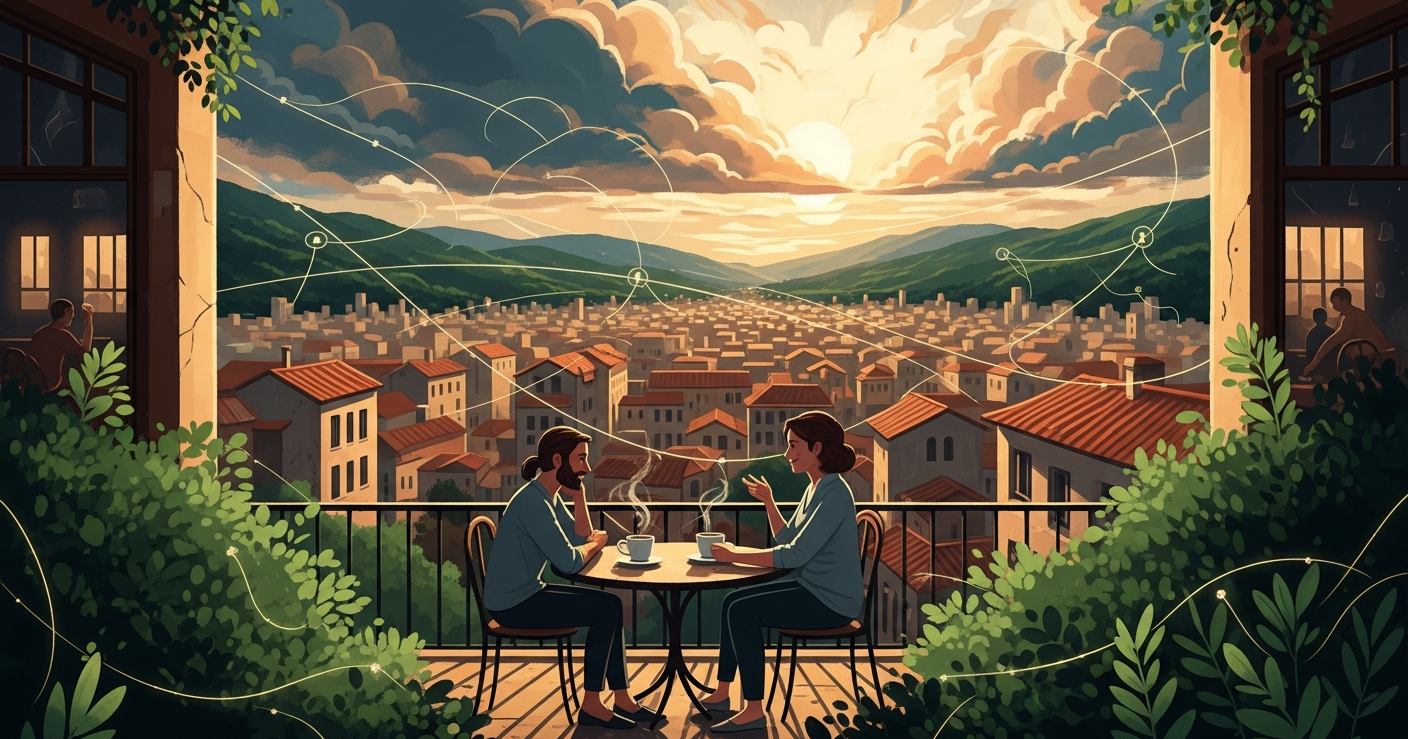 Two professionals having a relaxed informational interview over coffee on a terrace overlooking a city at golden hour