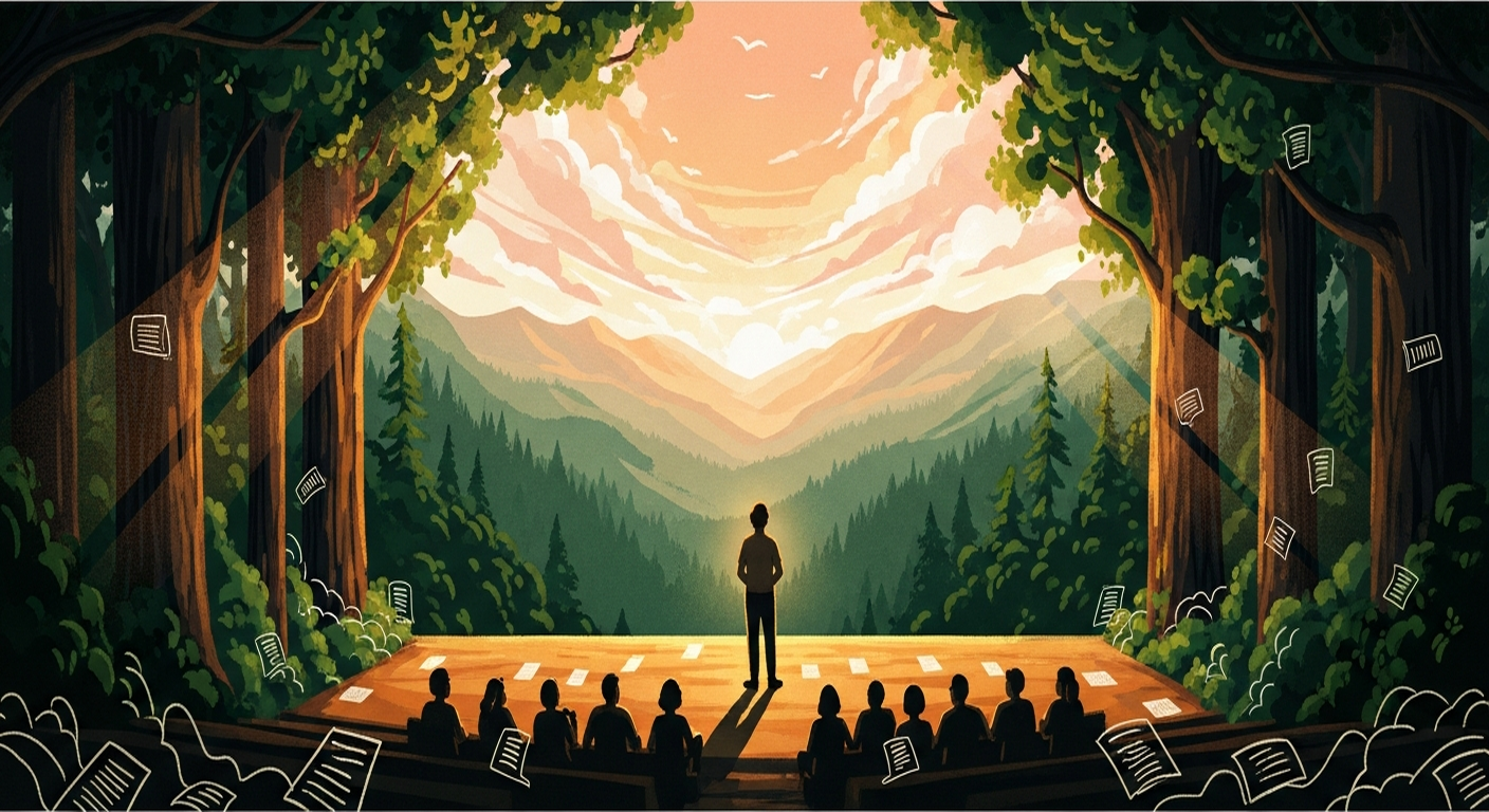 Editorial illustration of a confident speaker introducing themselves on a forest stage at golden hour, representing the moment of answering 'Tell me about yourself' in a job interview