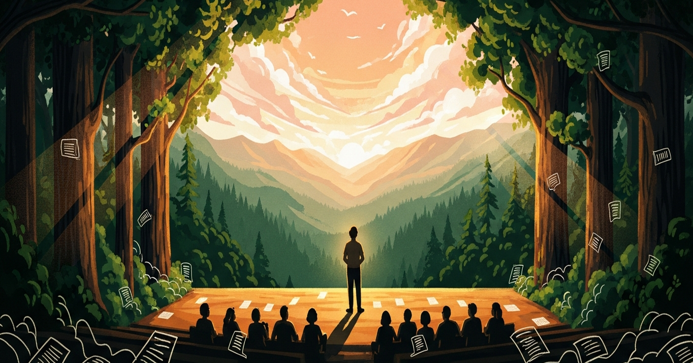 Editorial illustration of a confident speaker introducing themselves on a forest stage at golden hour, representing the moment of answering 'Tell me about yourself' in a job interview