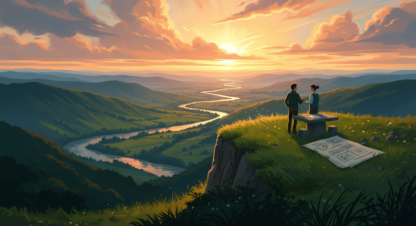 Two distant figures meeting at a stone table on a green cliff at golden hour, symbolizing a salary negotiation conversation