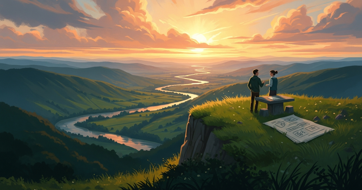 Two distant figures meeting at a stone table on a green cliff at golden hour, symbolizing a salary negotiation conversation